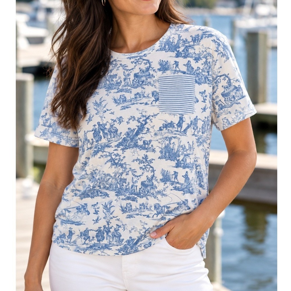 Brooks Brothers x LAKE Toile T-Shirt Women Large Blue White Excellent Pocket Tee
